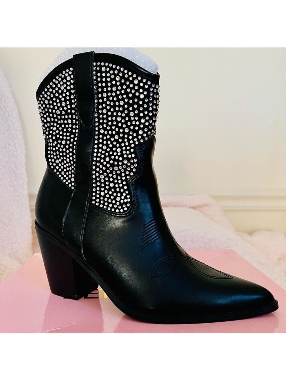 NIB Dolls Kill Cowgirl Ways Western Boot Cassidy Denim Boot in Black w/ Crystals